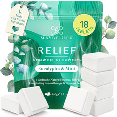 Maybeluck front packaging showing 18 eucalyptus mint shower steamers for easy gifting