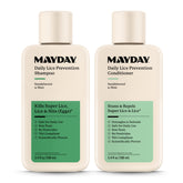 MAYDAY front packaging showing shampoo and conditioner, clear travel-friendly benefit