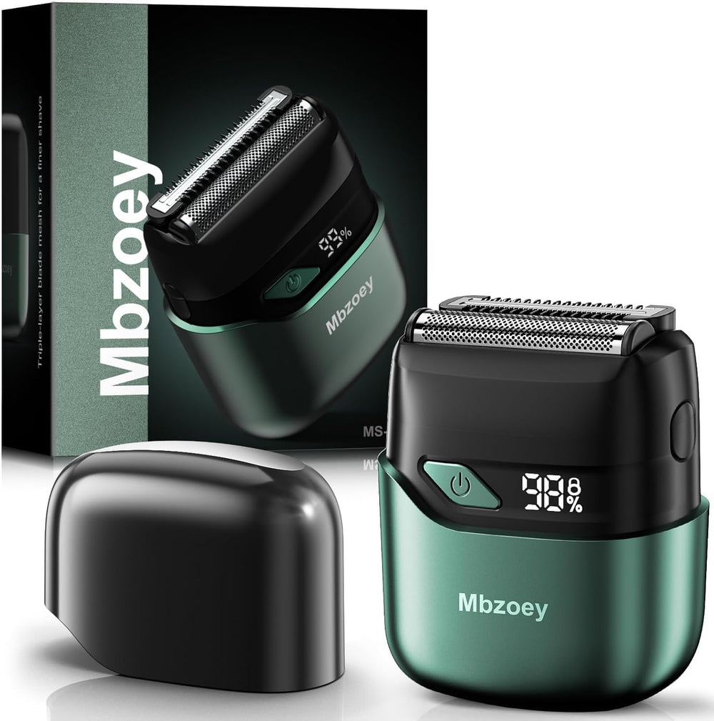 Mbzoey front view of emerald foil shaver showing ergonomic shape and portability