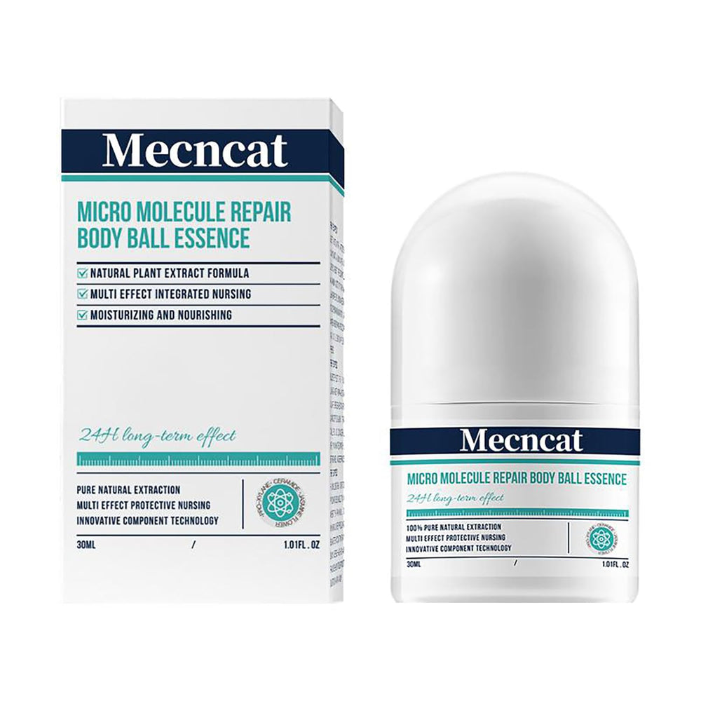 Mecncat roll-on front packaging showing compact, portable design and hydration benefit