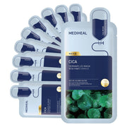 MEDIHEAL front packaging showing 10-piece cica daily calming mask, clear product view and benefits
