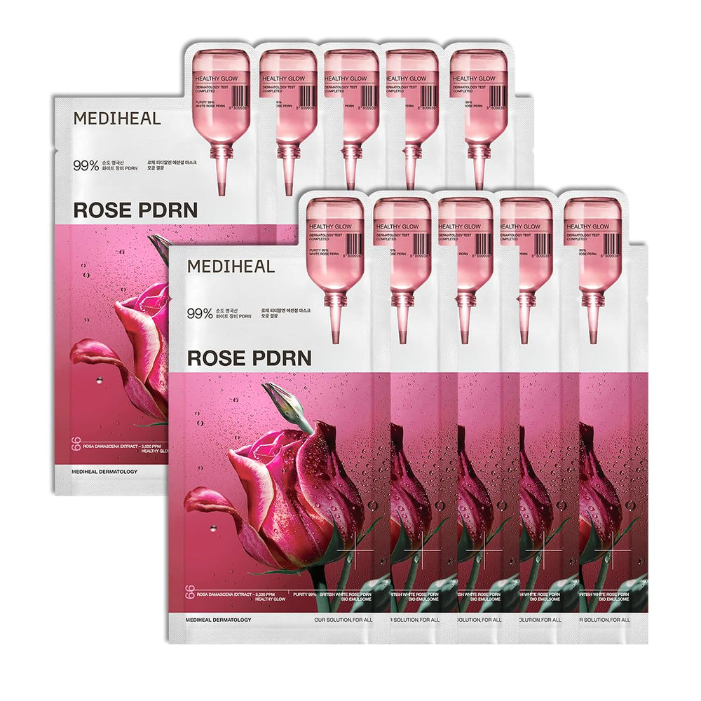 MEDIHEAL front packaging showing ten sheet masks, clear product info and glow benefit