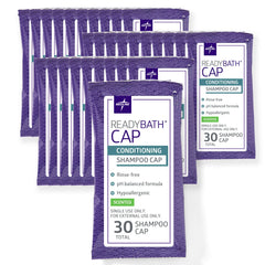 Medline ReadyBath cap front packaging showing 30-count and benefits