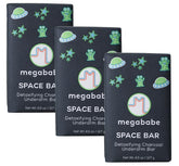 Megababe Space Bar front packaging showing three charcoal soap bars and recycled wrap for eco benefit