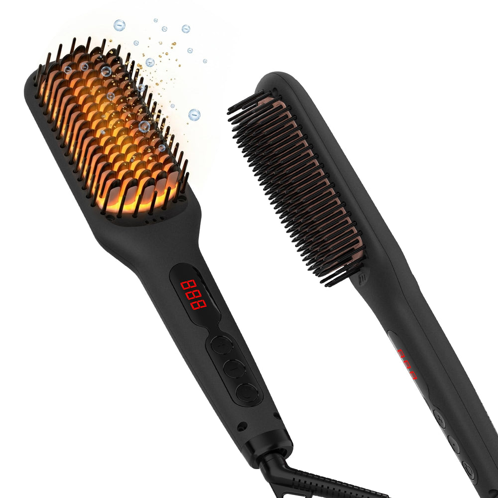 MEGAWISE front view of black ceramic straightener brush showing sleek design and ease