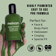 Mehron Makeup green swatch on forearm demonstrating opaque coverage