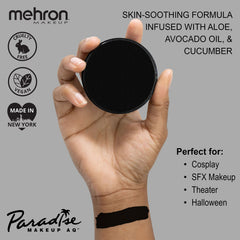 Mehron Makeup Paradise AQ Black brush swatch demonstrating intense, buildable color coverage