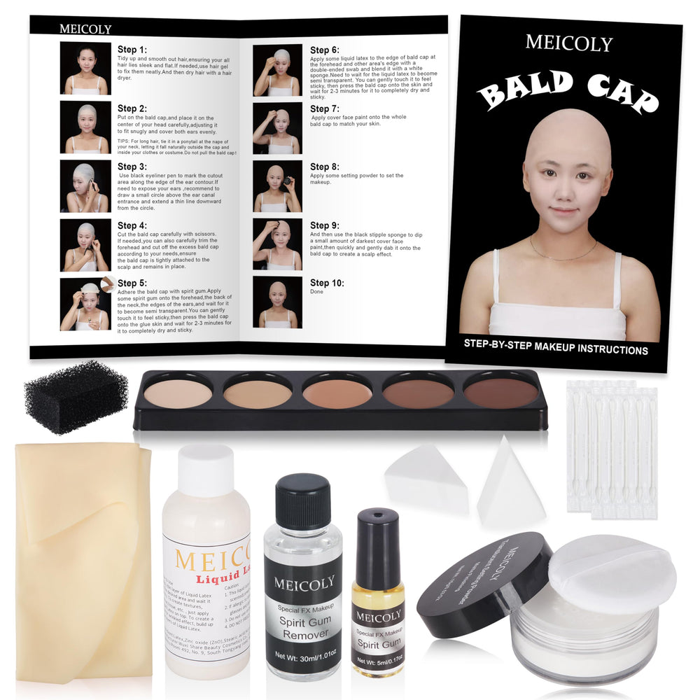 MEICOLY front packaging showing full bald cap kit and benefits
