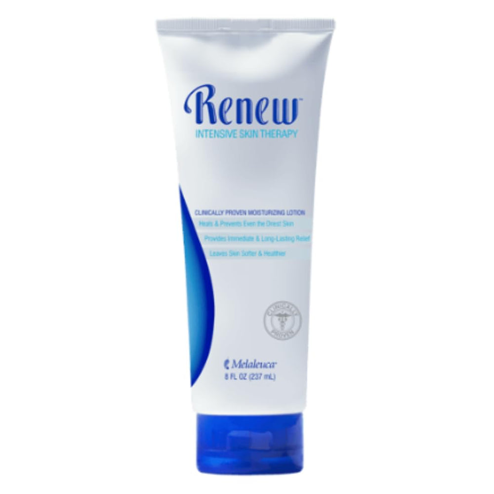 Melaleuca Renew pump bottle front view showing lotion texture and fast hydration