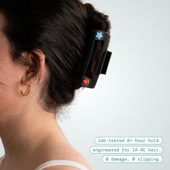 MELLO clip in use holding hair up comfortably for all-day benefit