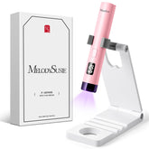 MelodySusie handheld UV lamp front view showing compact curing device and benefits
