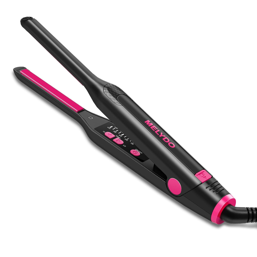 MELYDO front view showing compact pencil flat iron and branding for portable styling