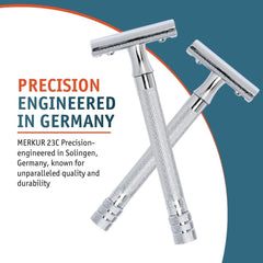 MERKUR closed-comb head close-up showing smooth protection and easy rinseability