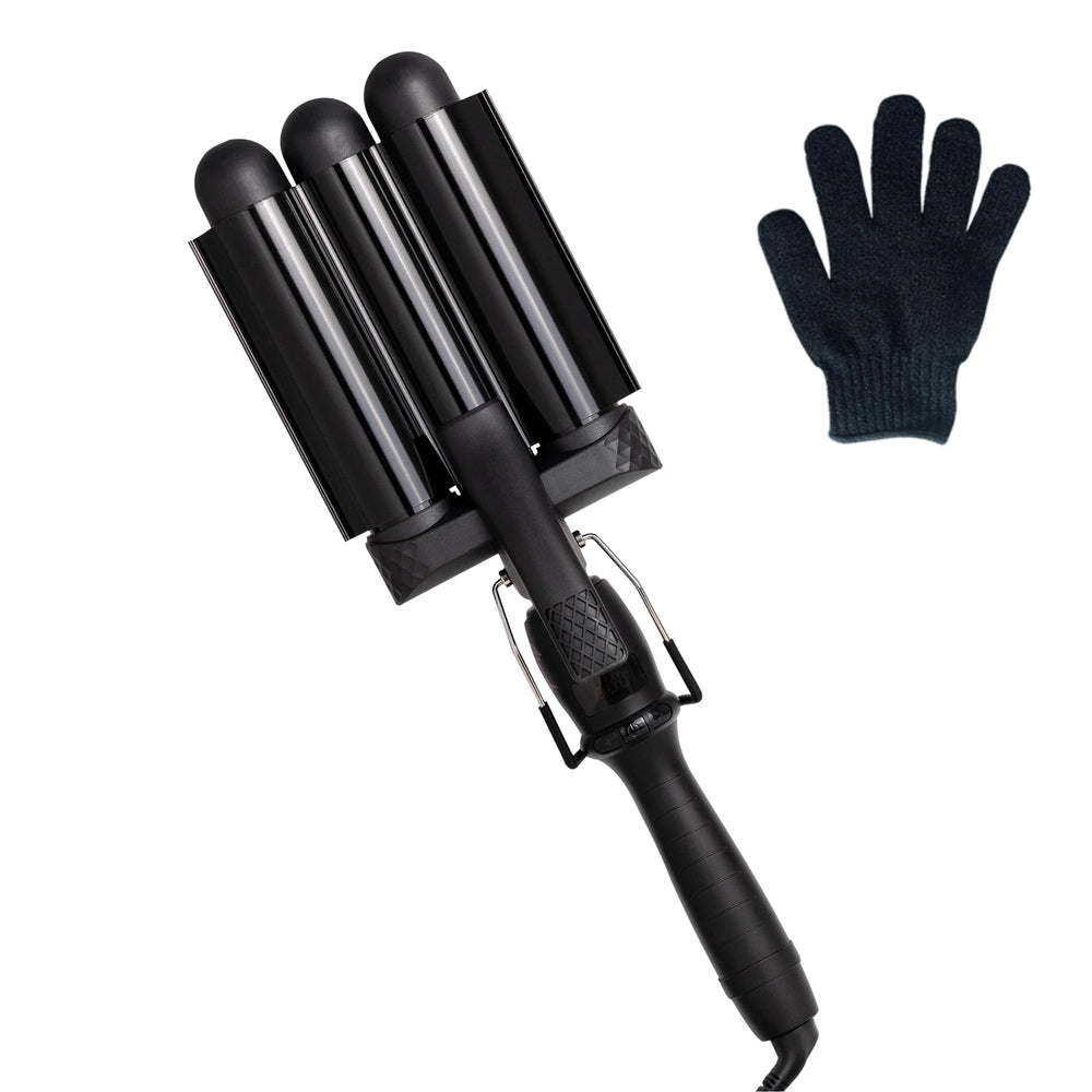 Mermade Hair front view of black PRO waver showing barrels and handle, fast styling benefit