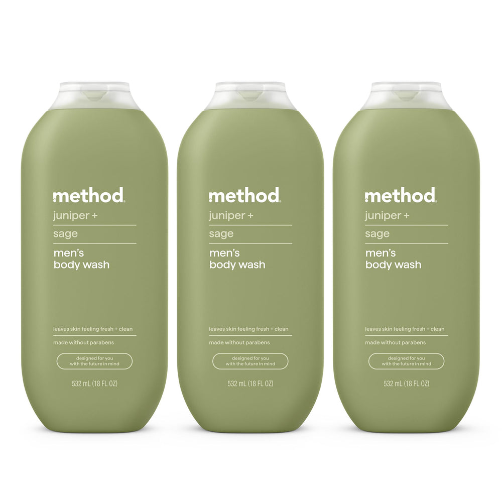 Method front packaging showing bottle and three-pack, highlights convenience