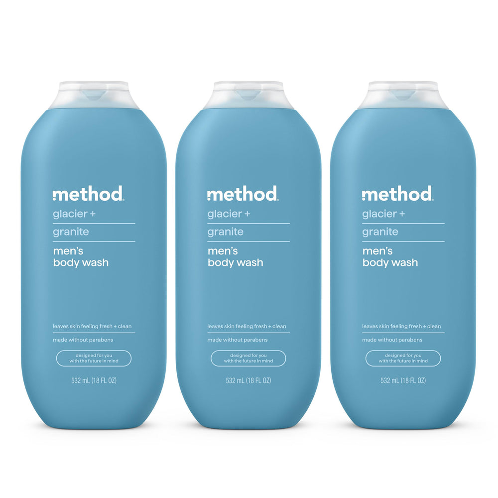 Method front packaging shows three Glacier + Granite bottles, vivid and eco friendly