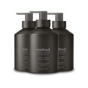 Method vetiver + amber front packaging showing three aluminum bottles and label benefit