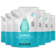 Method Waterfall front packaging showing six refill pouches and sustainable benefit