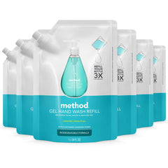 Method Waterfall front packaging showing six refill pouches and sustainable benefit