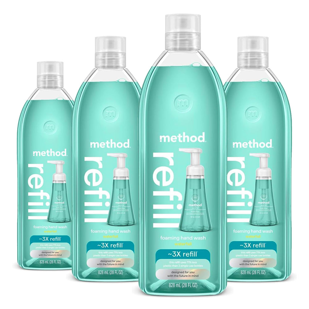 Method Waterfall refill front packaging shows four bottles for long-lasting use
