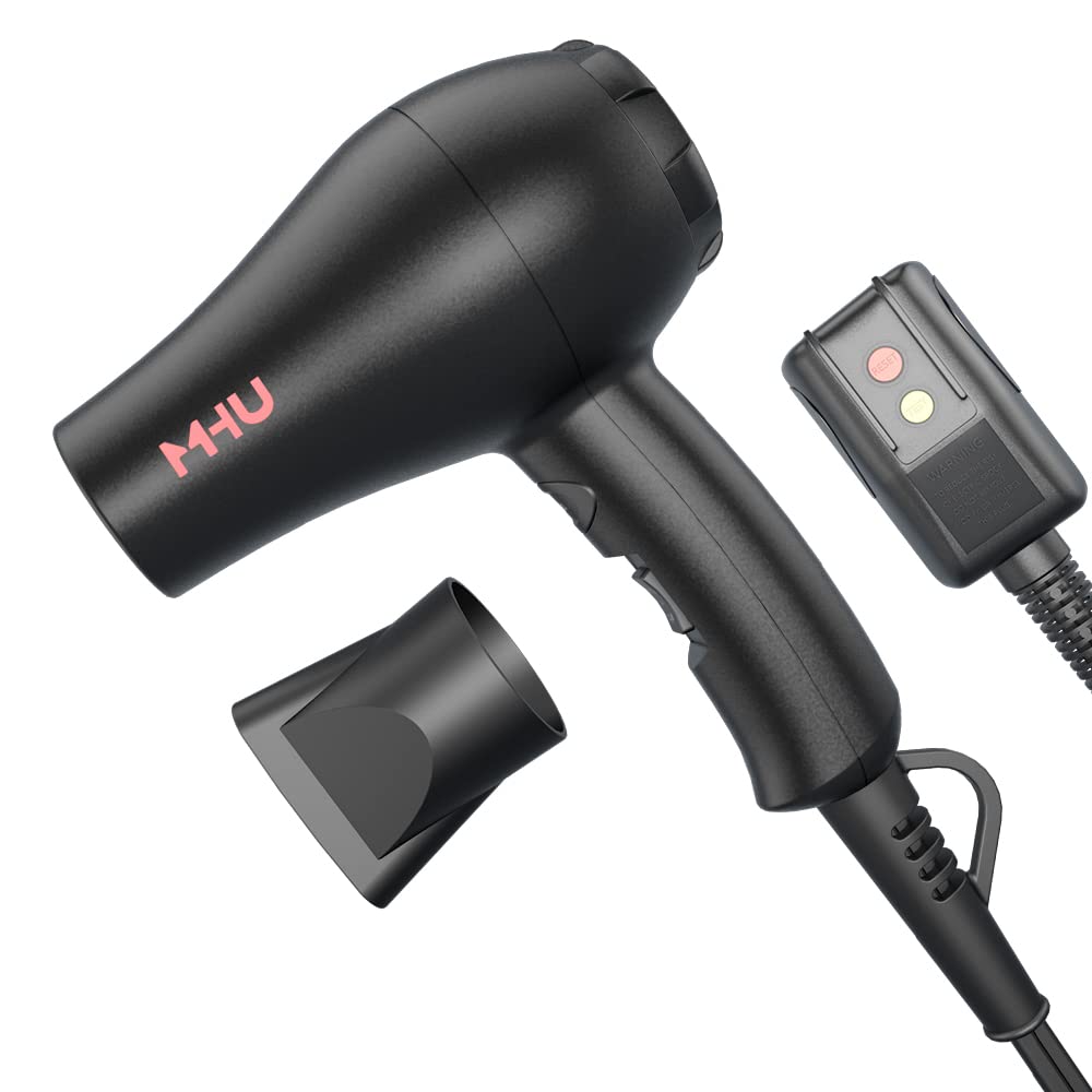 MHU mini blow dryer front view showing sleek black design and controls for travel convenience