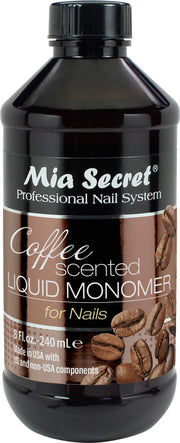 Mia Secret front bottle showing coffee-scented monomer and clear branding, pleasant salon atmosphere