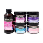 Mia Secret kit front packaging showing monomer and four powder jars for versatile use