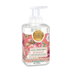 Michel Design Works bottle front view showing blush peony label and decorative design benefits display