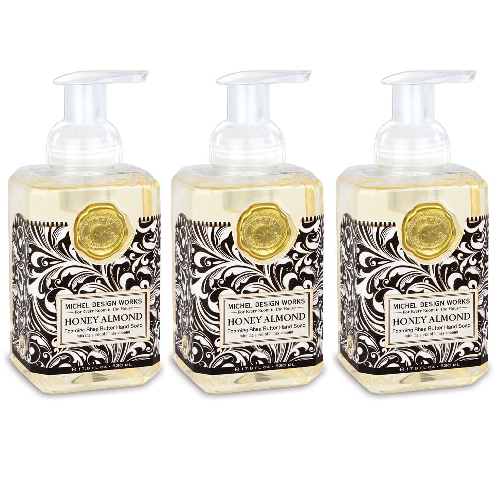 Michel Design Works front-facing dispenser showing elegant square bottle and medallion, enhances countertop style