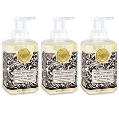 Michel Design Works front-facing dispenser showing elegant square bottle and medallion, enhances countertop style