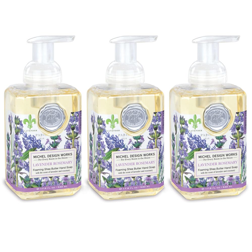 Michel Design Works front packaging showing three decorative square pump bottles, elegant display benefit