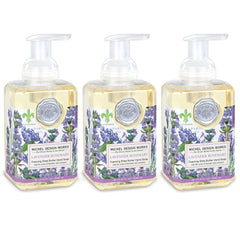 Michel Design Works front packaging showing three decorative square pump bottles, elegant display benefit