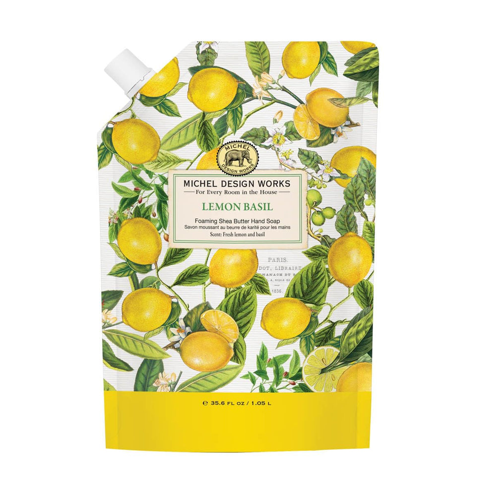 Michel Design Works refill pouch front view showing label and scent for easy identification and stylish refill