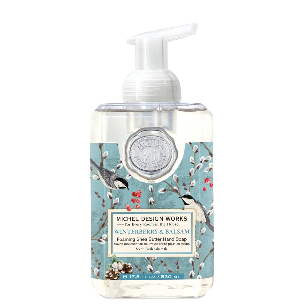 Michel Design Works front view of square Winterberry & Balsam bottle showcasing label and pump, elegant decor