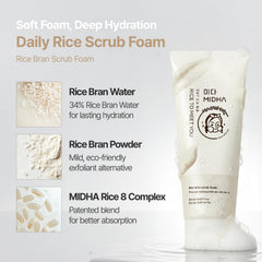 MIDHA scrub granules detail highlighting rice-powered exfoliation benefit