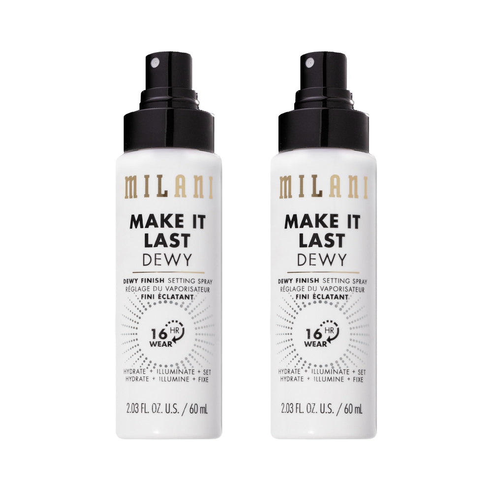 Milani front packaging showing dewy setting spray and easy storage benefit