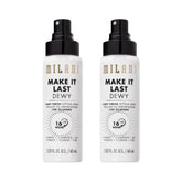 Milani front packaging showing dewy setting spray and easy storage benefit