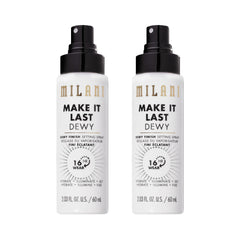 Milani front packaging showing dewy setting spray and easy storage benefit