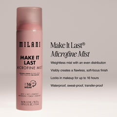 Milani bottle in hand spraying on face for lasting makeup hold