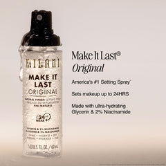 Milani natural finish spray in hand showing easy application and matte effect