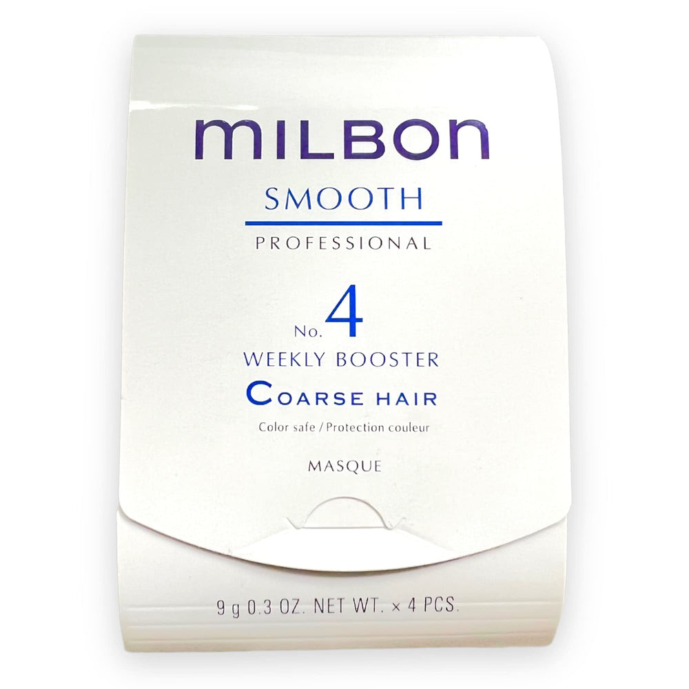 Milbon front packaging showing four vials and benefits for smoother coarse hair