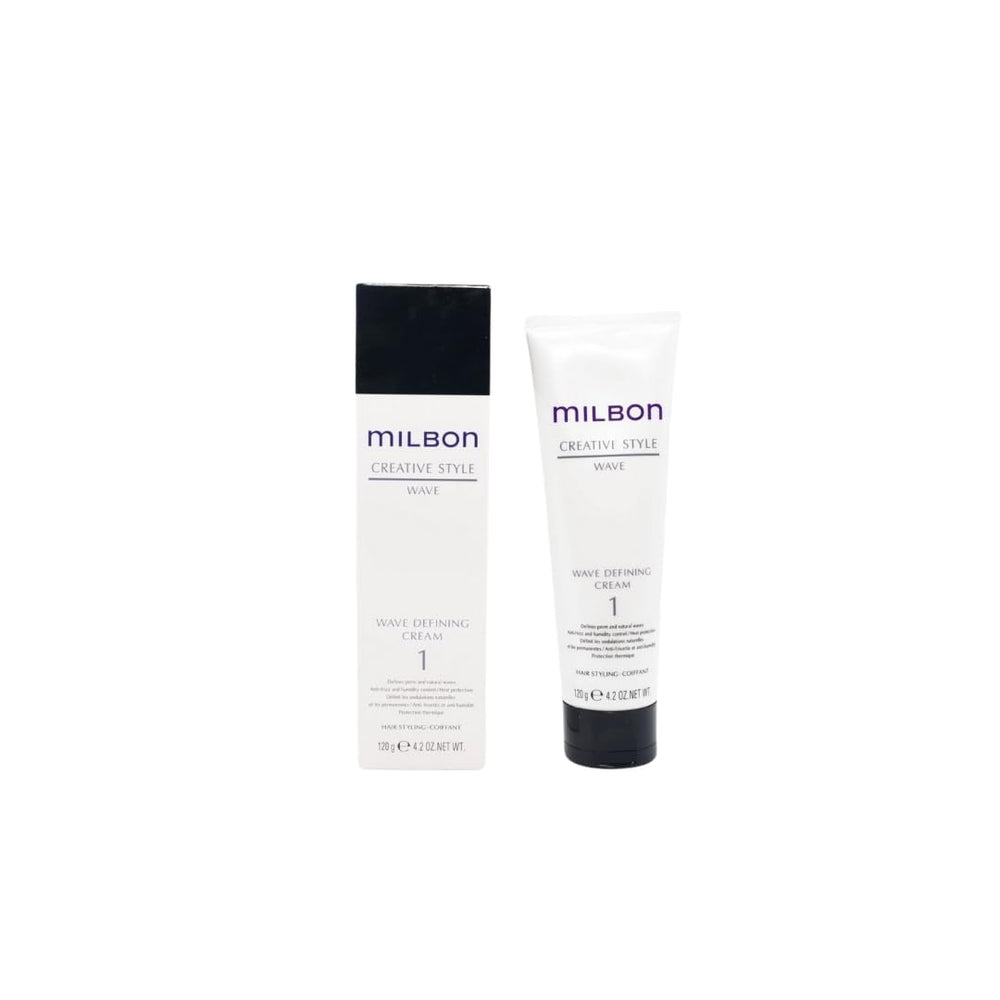 Milbon wave defining cream front packaging showing tube and labeling, enhances styling control