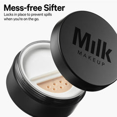 Milk Makeup application with brush demonstrating lightweight finish and precise setting
