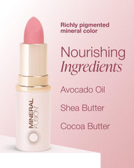 Mineral Fusion lipstick applied on lips demonstrating satin finish benefit