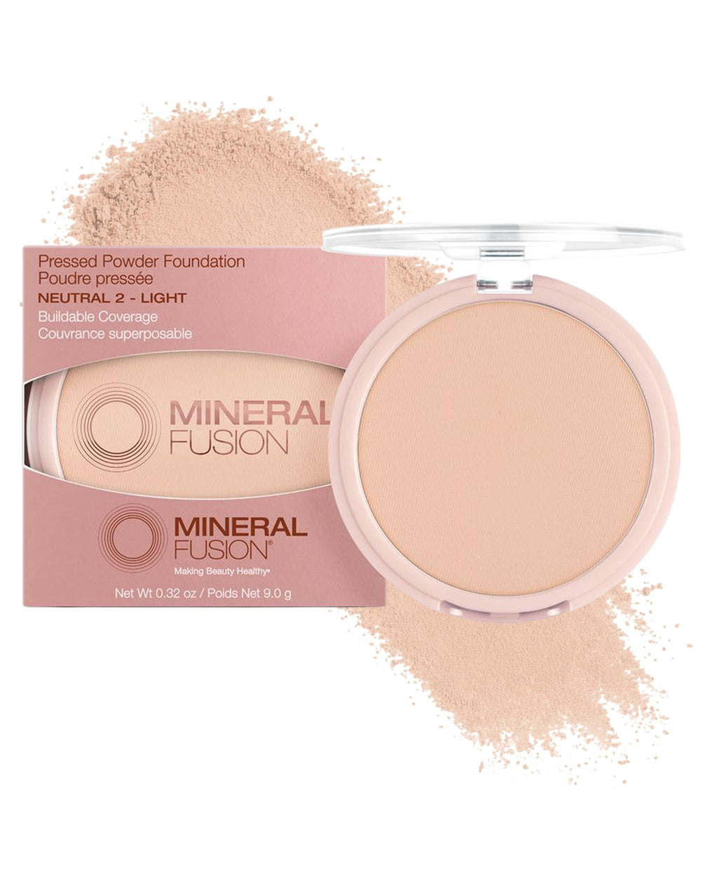 Mineral Fusion compact front view showing neutral 2 shade and travel-ready packaging benefit