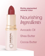 Mineral Fusion closeup of Rose Sangria worn on lips showing satin color and hydrated look benefit