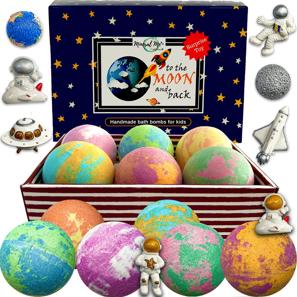 Mineral Me California front packaging showing six colorful galaxy bath bombs, clear gifting benefit