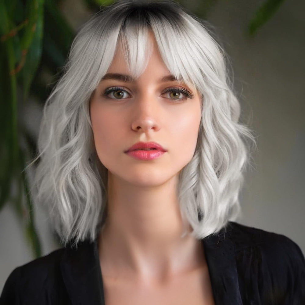 MINLEE front view silver bob wig showing modern bangs and flattering frame