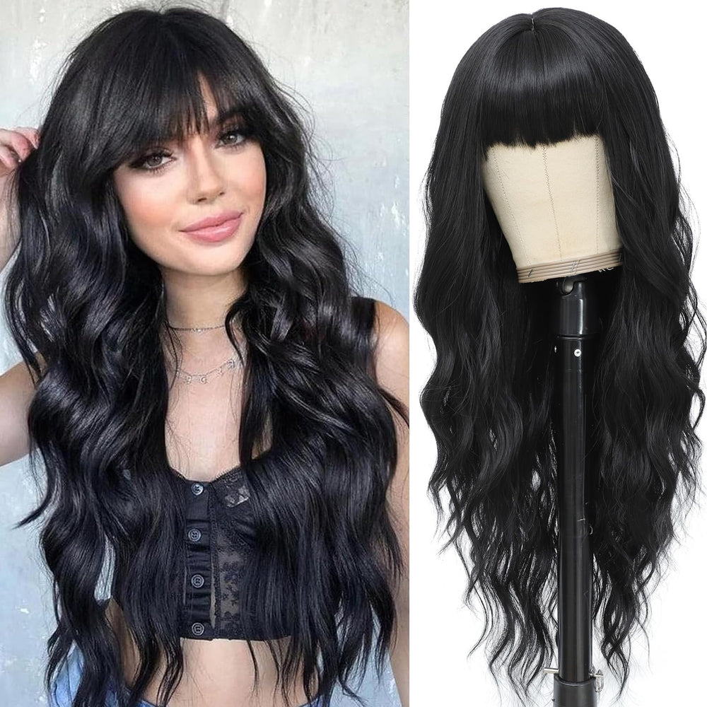 MINSEEYOO front view long black wig showing natural framing benefit