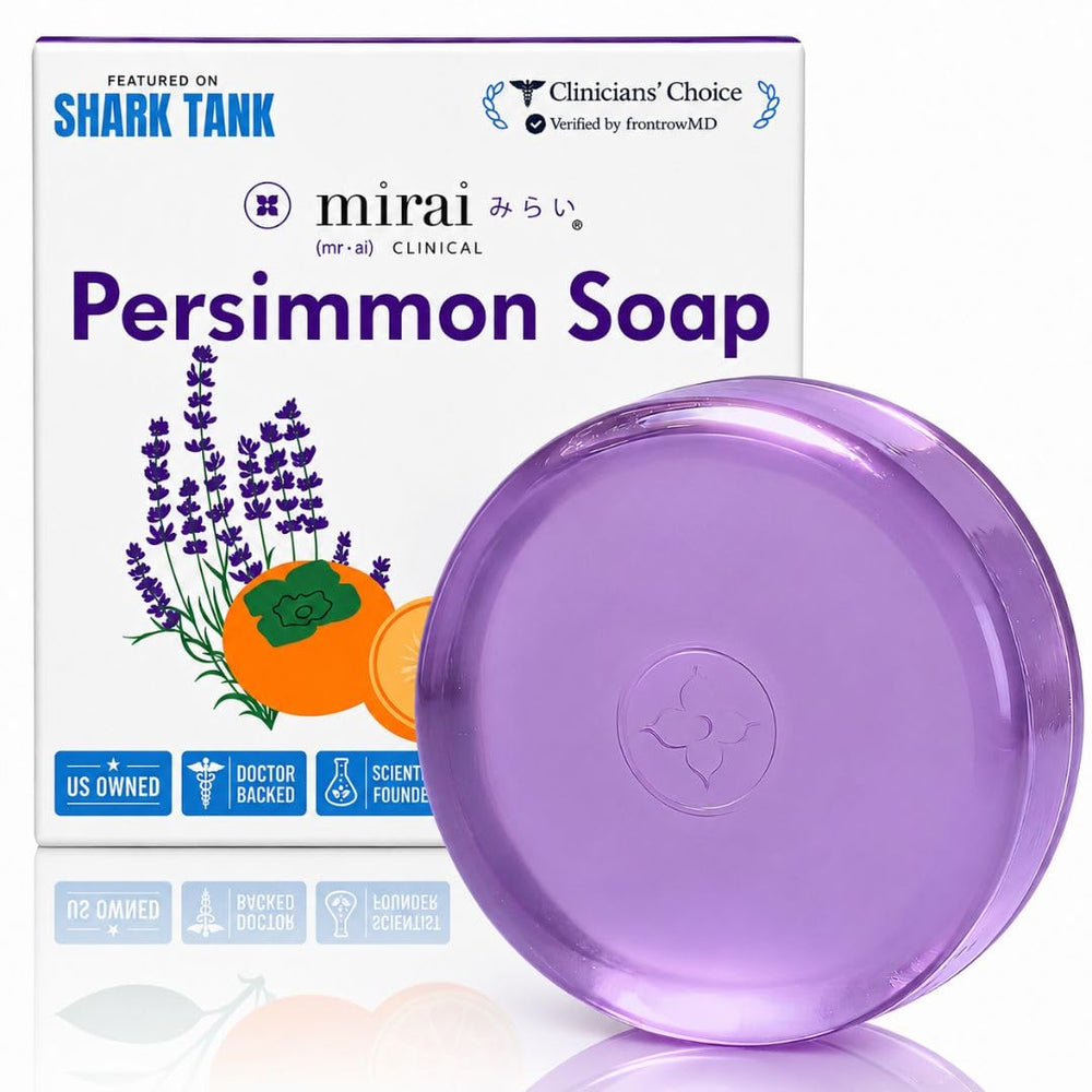 Mirai front packaging showing persimmon soap and calming lavender benefits